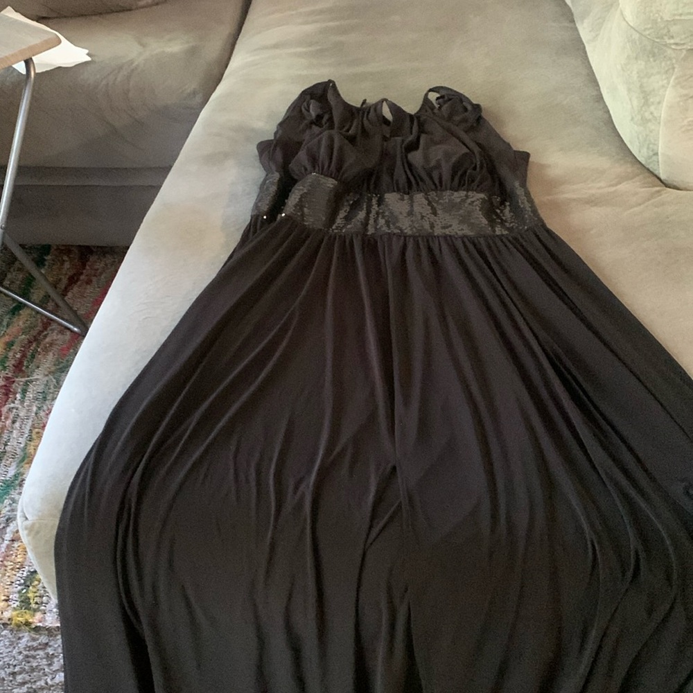 R & M Richard’s Black evening gown…black sequins waist…sexy split on the front…